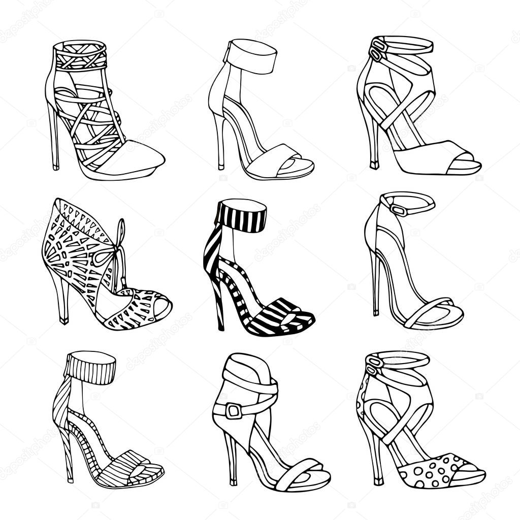 Hand drawn women's shoes silhouette set on white background. Hi heels, ankle straps. 