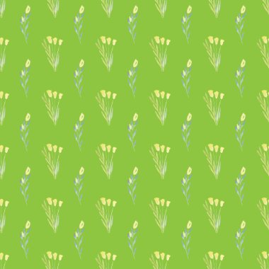 Çiçek buketlerinin kusursuz suluboya desenleri. Yeşil arkaplanda zarif renkler. Elle boyanmış yapraklar ve laleler.