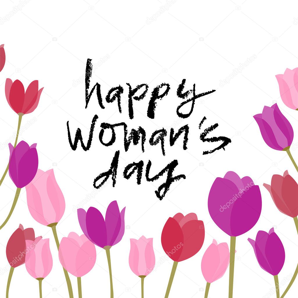 Vector illustration of Womens International day text for bags, tag and icon. Womens day card/invitation/template. Womens day calligraphy background. Womens day lettering typography poster.