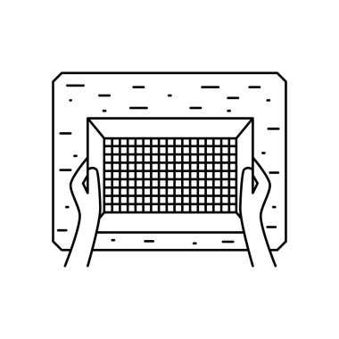 Vektör çizimi. El kâğıdı yapma sürecinin ince simgeleri. Logo, talimatlar, el yapımı kağıt atölyesi ile ilgili. Küf ve güverte, lapa, çamur, ütüleme, kurutma dahil. Doğrusal semboller ayarlandı