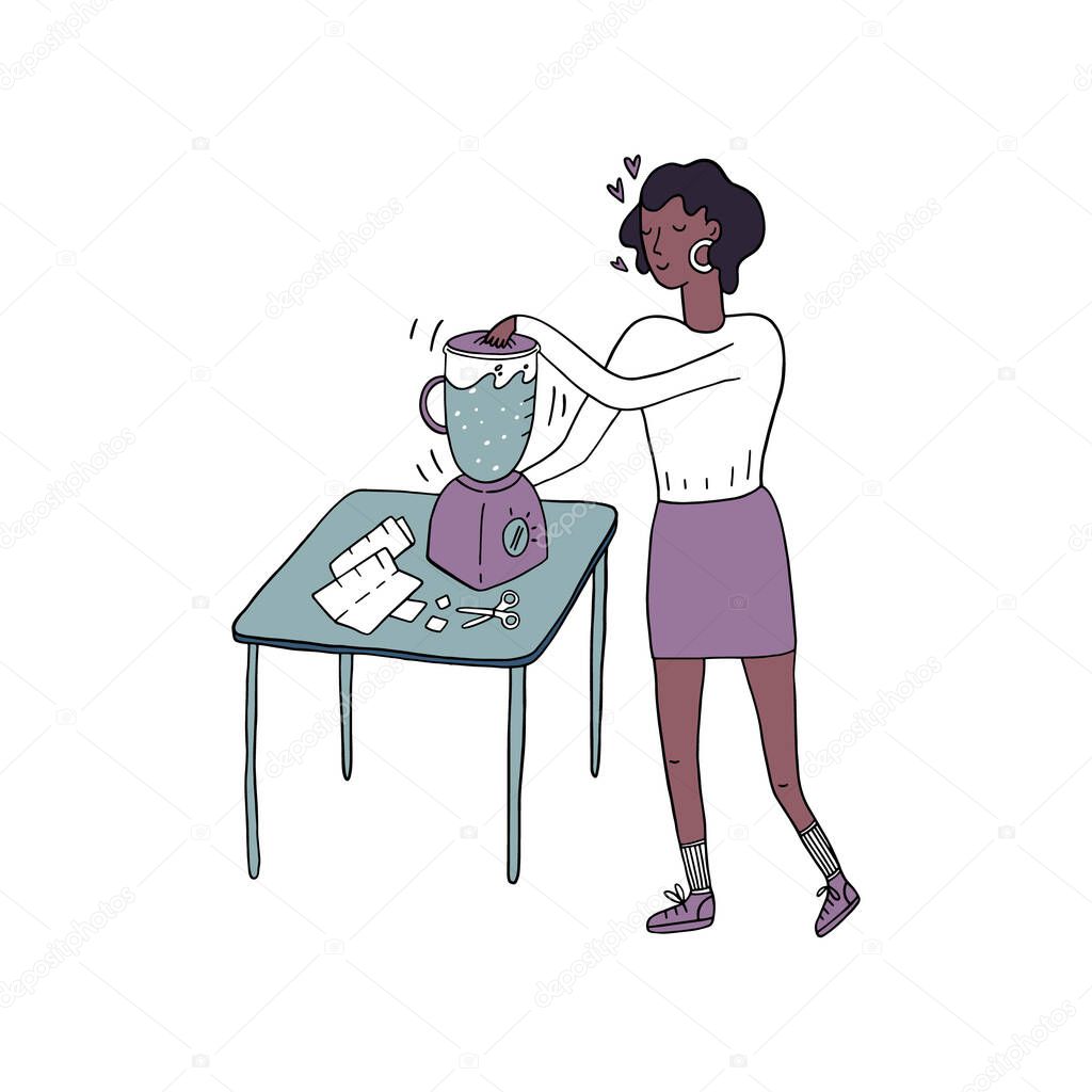 Vector illustration in sketch doodle style of a young black woman in a hand making process. Hand drawn african american female making hand made paper on a table with the mixer or blender and scissors.