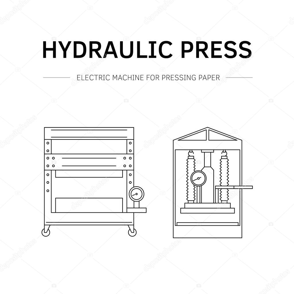Vector illustration. Thin line icon set of equipment for hand papermaking. Related for logo, instruction, workshop. Hydraulic press, hollander beater, drying box. Linear symbols set