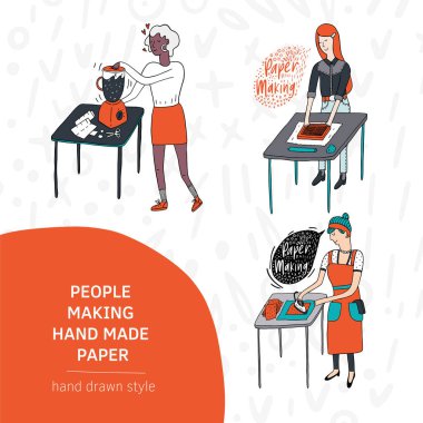 Vector illustration sketch doodle style set of a woman in a hand making process. Hand drawn woman making hand made paper on a table with the mould and deckle, mixer and iron. clipart