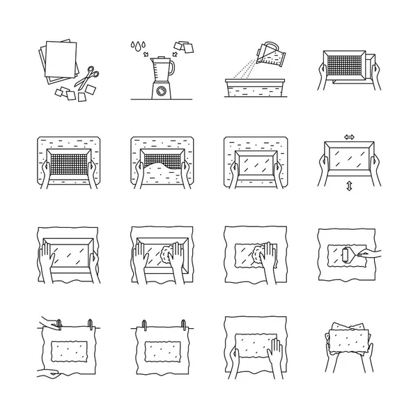 Ilustración Vectorial Iconos Línea Delgada Del Proceso Fabricación Papel Mano — Vector de stock