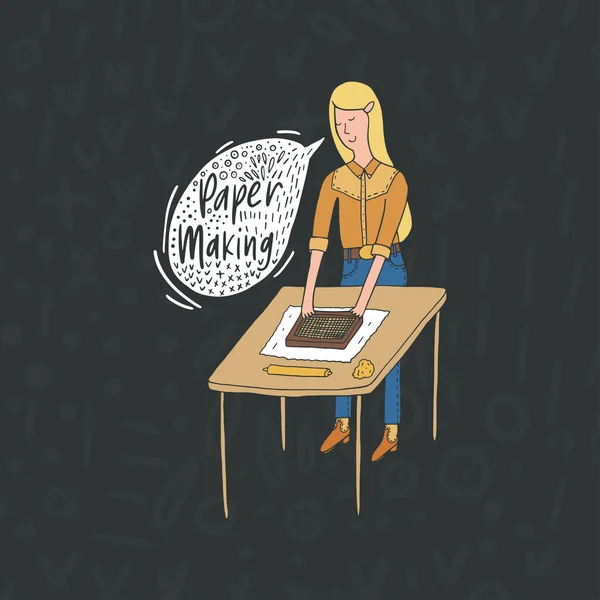 一个年轻漂亮牛仔女孩在手工制作过程中的草图涂鸦风格中的矢量插图 手绘女性手绘造纸 海绵和滚动销在桌子上 — 图库矢量图片