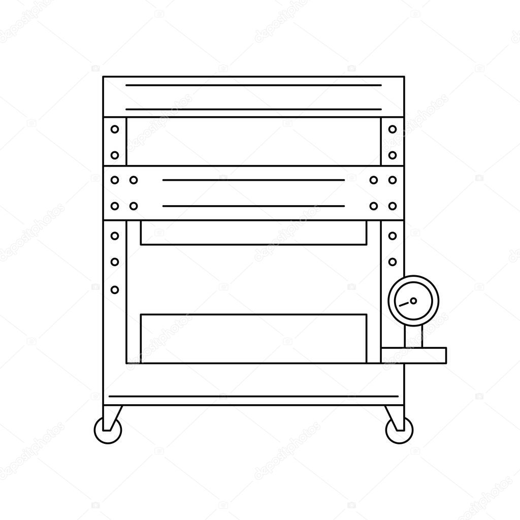 Vector illustration. Thin line icon of hydraulic press for hand papermaking. Related for logo, instruction, workshop. Professional electric machine for pressing hand made paper. Linear symbols set