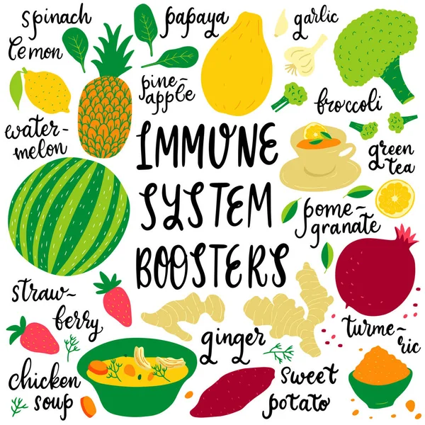 Booster del sistema immunitario per la salute umana - illustrazione, cartoon doodle — Vettoriale Stock