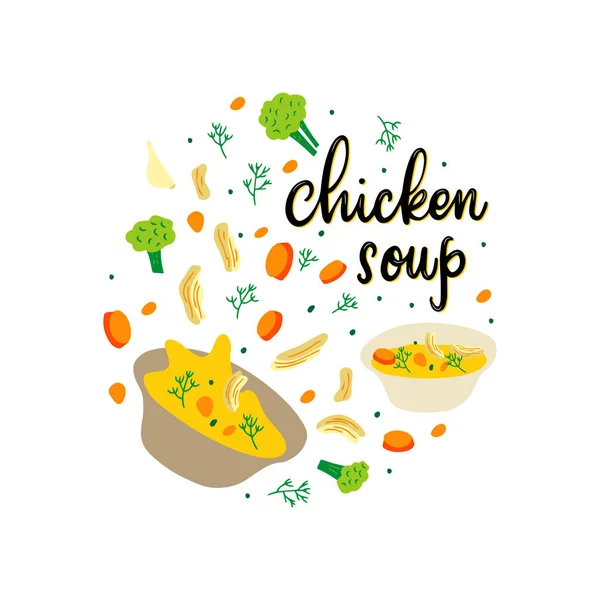 Vecteur de soupe de poulet chaud illustration plate avec lettrage . — Image vectorielle