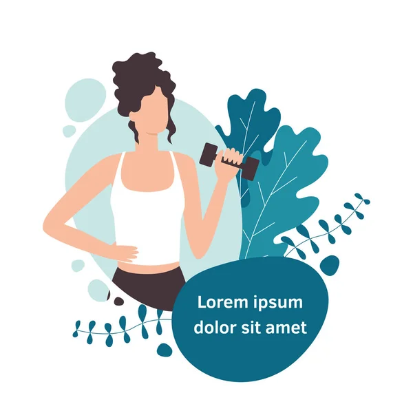 Vector isolated illustration of woman holding dumbbell in a flat design style.