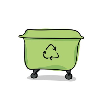 Geri dönüşüm kutusu çizgi film vektör illüstrasyon eli çizildi