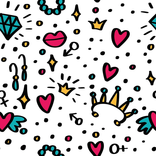 Patrón femenino sin costuras con elementos de moda labios, diamantes, corona, hombre y mujer signo, pendientes, pulsera. Ilustración de moda vectorial para cuaderno, textil, papel pintado, camiseta en estilo de dibujos animados doodle . — Archivo Imágenes Vectoriales