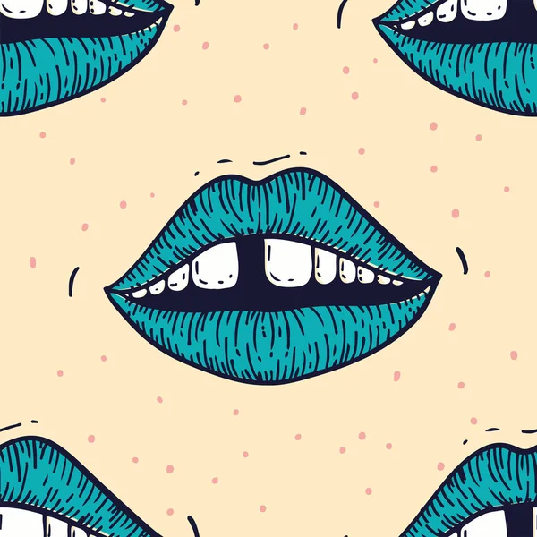 Patrón sin costuras en viejo estilo vintage retro de labios con espacio para los dientes. Ilustración de moda vectorial para cuaderno, textil, papel pintado, camiseta en un estilo dibujado a mano . — Vector de stock