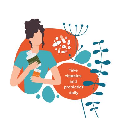 Kadın elinde vitamin ve probiyotik tutuyor. Vektör izole edildi