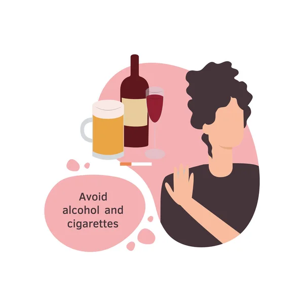 Ilustración vectorial aislada de una mujer evitando el alcohol y los cigarrillos en un estilo de diseño plano . — Vector de stock