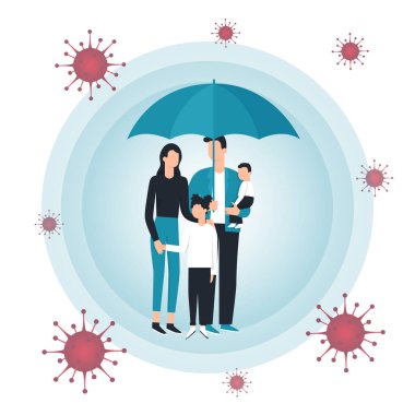 Coronavirus Covid-19 sırasındaki aile vektörü düz çizimi. Coronavirus enfeksiyon kontrolü. Havada bakteri kokusu var. Bağışıklık sistemini koruma, güçlendirme, destekleme, destek. Şemsiyeli koruma