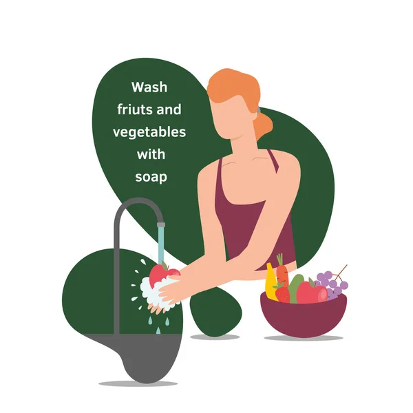 Vektorisolierte Illustration einer Frau, die gesundes frisches Obst und Gemüse in flachem Design wäscht. Mädchenfigur in modernem Stil während der Coronavirus-Krise — Stockvektor