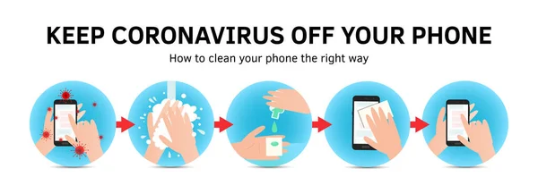 Telefon cihazınızı temizleyin düz tasarım vektör çizimi illüstrasyonu. Koronavirüs önleyici önlemleri olan bir poster. Dezenfekte virüsü fikri su yüzüne çıkıyor. Akıllı telefon ekranını dezenfektanla silen eller.