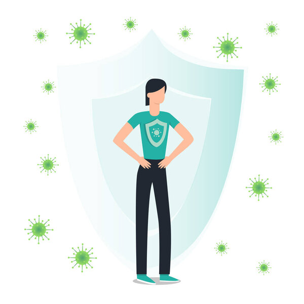 Immune system vector icon logo. Health bacteria virus protection. Medical prevention human germ. Healthy woman reflect bacteria attack with shield. Boost Immunity with medicine concept illustration