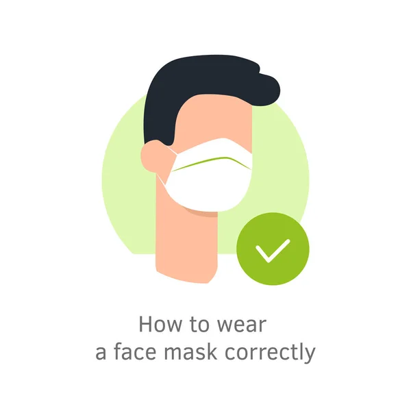 Uomo con maschera viso vettoriale illustrazione medica di maschio che indossa protettivi segni maschera medica facciale fumetto piatto isolato su sfondo bianco. Regole di prevenzione. Covid-19, coronavirus . — Vettoriale Stock