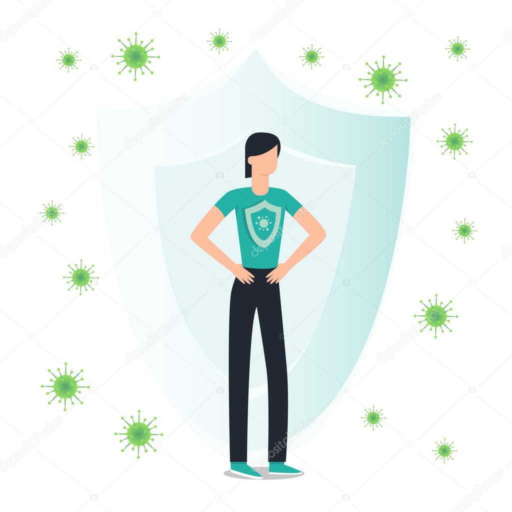 Immune system vector icon logo. Health bacteria virus protection. Medical prevention human germ. Healthy woman reflect bacteria attack with shield. Boost Immunity with medicine concept illustration