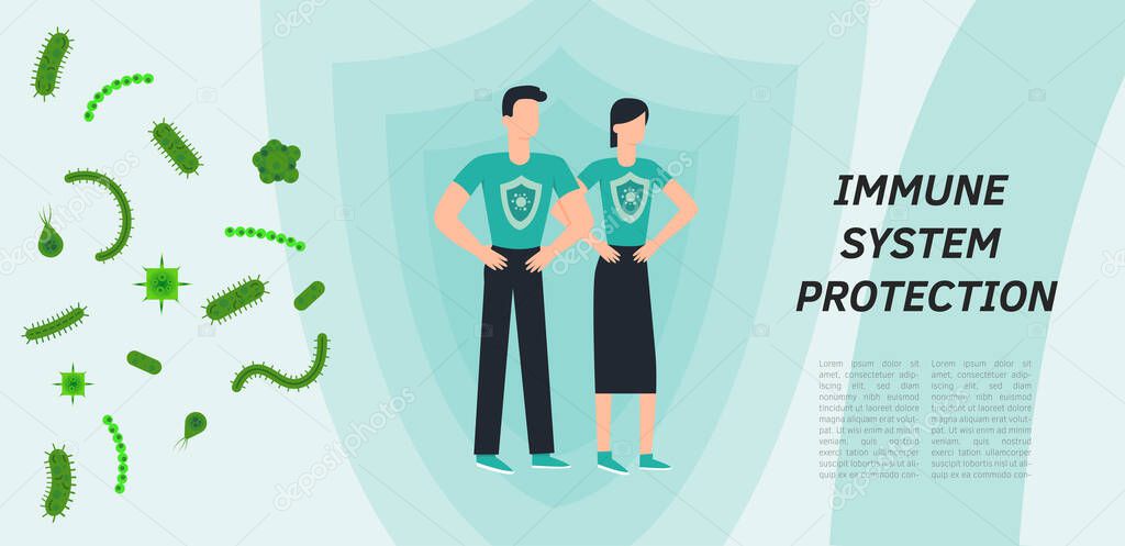 Immune system vector icon logo. Health bacteria virus protection. Medical prevention human germ. Healthy man, woman reflect bacteria attack with shield. Boost Immunity medicine concept illustration