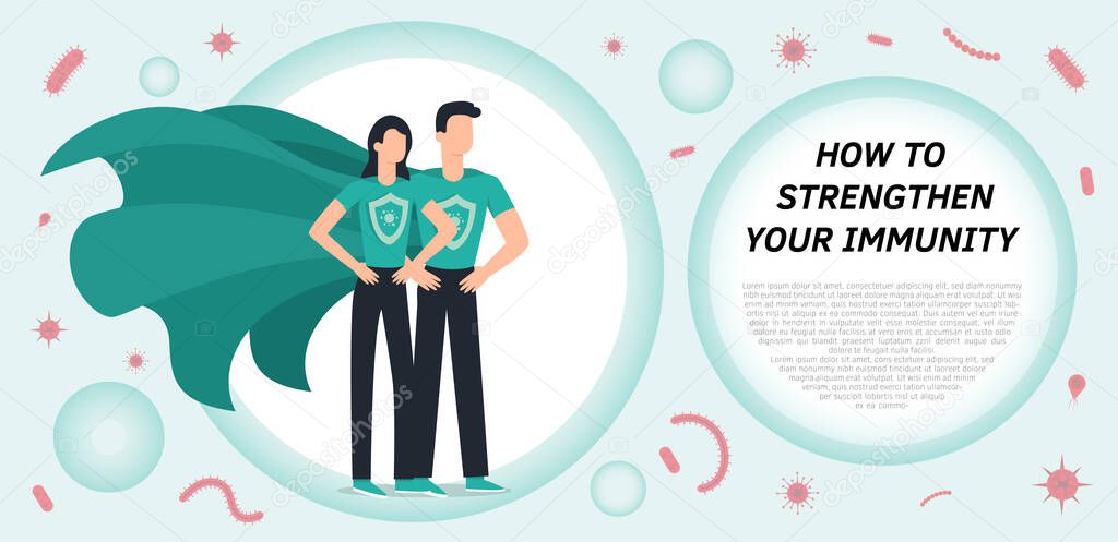 Immune system vector protection. Health bacteria virus protection. Medical prevention human germ. Healthy man reflect bacteria attack. Boost Immunity with medicine concept illustration