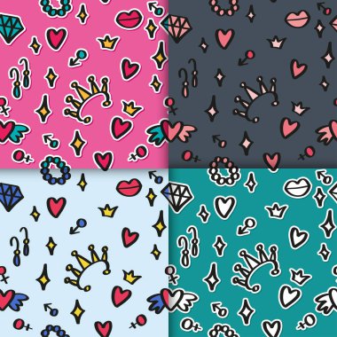 Moda elementleri, dudaklar, elmas, taç, Venüs işareti, küpeler, bilezikler. Çizgi roman tarzında defter, tekstil, duvar kağıdı ve tişört için vektör modayı illüstrasyonu.