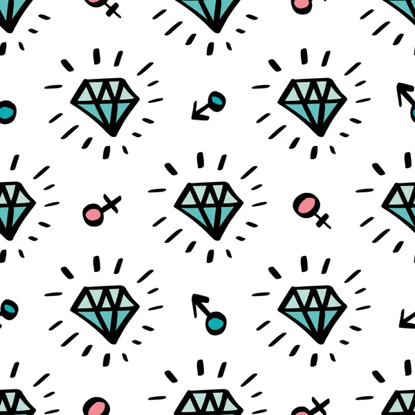 Girly αδιάλειπτη μοτίβο με στοιχεία μόδας λάμπει διαμάντι, άνδρας και γυναίκα σημάδι. Διάνυσμα μοντέρνα εικόνα για σημειωματάριο, ύφασμα, ταπετσαρία, tshirt σε ένα χέρι doodle στυλ κινουμένων σχεδίων — Διανυσματικό Αρχείο