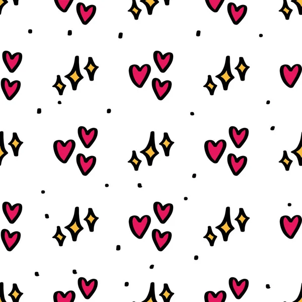 Moda elementleri, kalpler, parlayan yıldızlar ve noktalar olan hatunsal desenler. Defter, tekstil, duvar kağıdı, el çizimi karikatür tarzında tişört için vektör modayı illüstrasyonu