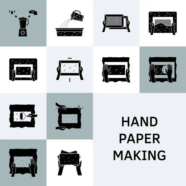 Vetor de conjunto de ícone de processo de fabricação de papel mão — Vetor de Stock