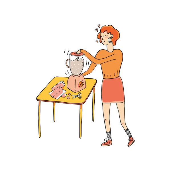 Ilustração do vetor no estilo do doodle do esboço de uma mulher nova em um processo que faz a mão. Mulher desenhada à mão fazendo papel feito à mão em uma mesa com o misturador ou liquidificador e tesoura . — Vetor de Stock