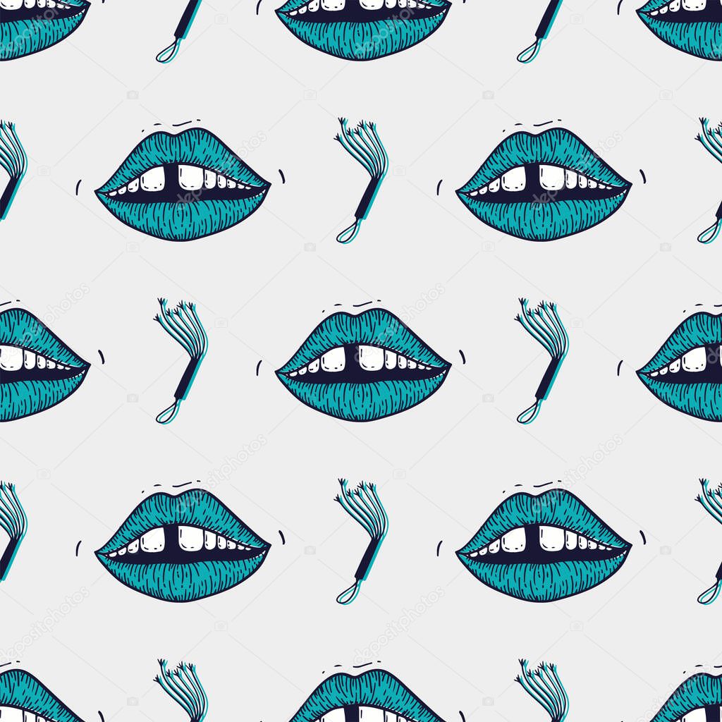 Seamless pattern in old retro vintage style of lips with teeth gap and whip. Vector trendy illustration for notebook, textile, wallpaper, tshirt in a hand drawn style.