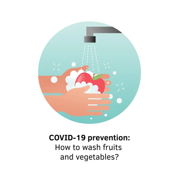 Umyj ovoce. Ruce držící jablko pod vodním kohoutkem. Paže v pěnové mýdlové bubliny mytí potravin. Vektorová ilustrace plochý design izolované. Dezinfekce, mytí zeleniny. Antibakteriální mytí. — Stockový vektor