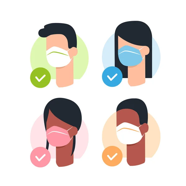 Lidé s obličejovou maskou lékařské vektorové ilustrace muže a ženy nosí ochranné obličeje lékařské masky značky ploché karikatury izolované na bílém pozadí. Preventivní pravidla. Černý kožní muž a žena — Stockový vektor