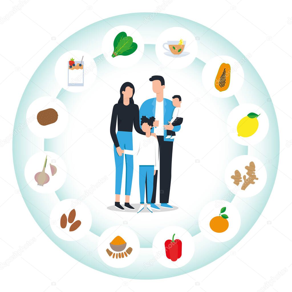 Immune system vector protection. Health bacteria virus protection. Medical prevention human boosters. Healthy family reflect bacteria attack. Boost Immunity with medicine concept illustration.