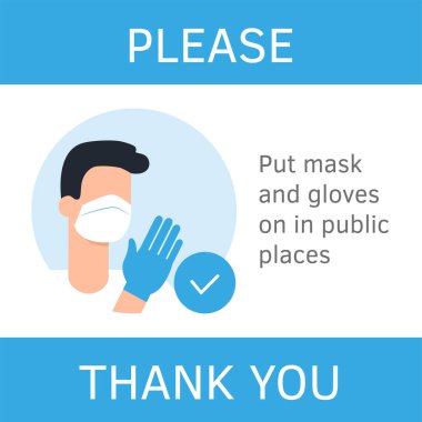 Dükkan için talimat. Lütfen mağazada bir maske ve eldiven takın. Süpermarket işareti. Virüs önleme düz stil vektör çizimi. Maskeli adam. Çizgi film karakteri. Güvenli alışveriş. Bilgisel