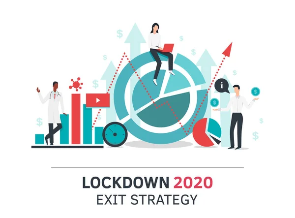 Lockdown exit strategy concept. Quarantine, lifting lockdown plan. Vector flat style illustration. Coronavirus, Covid, economy recovery. Infographic diagram. Stock market, doctor. Financial outbreak — Stock Vector