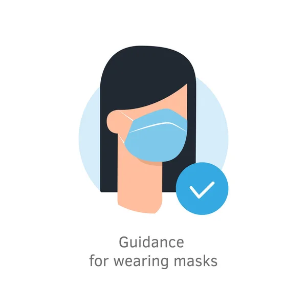 Kvinna med ansikte mask medicinsk vektor illustration av kvinnliga bär skyddande ansiktsmask tecken platt tecknad isolerad på vit bakgrund. Förebyggande regler. Covid-19, coronavirus — Stock vektor