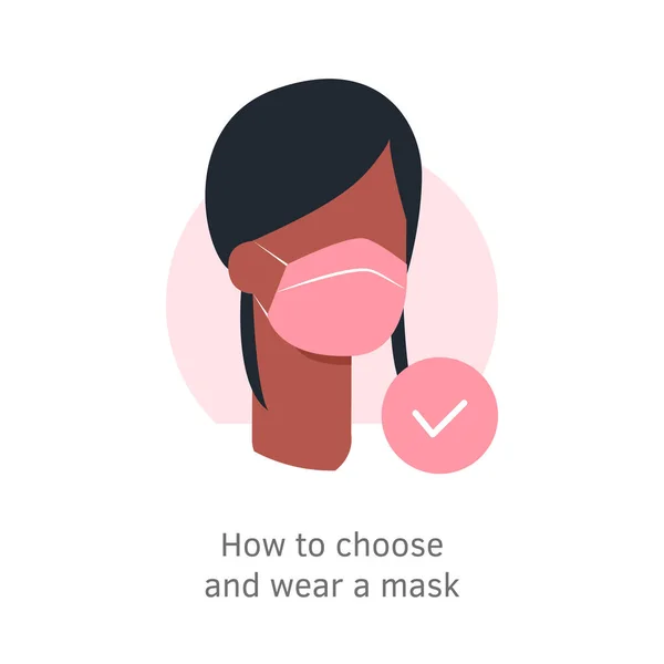 Kvinna med ansikte mask medicinsk vektor illustration av svart hud kvinnlig bär skyddande ansiktsmask tecken platt tecknad isolerad på vit bakgrund. Förebyggande regler. Covid-19, coronavirus — Stock vektor