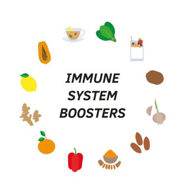 İnsan Sağlığı Bağışıklık Sistemi Destekleyicileri - vektör illüstrasyon, çizgi film karalama el düz çizim. Nar, karpuz, çam elması, papaya, limon, zencefil, zerdeçal, brokoli, chichen çorbası, ıspanak..