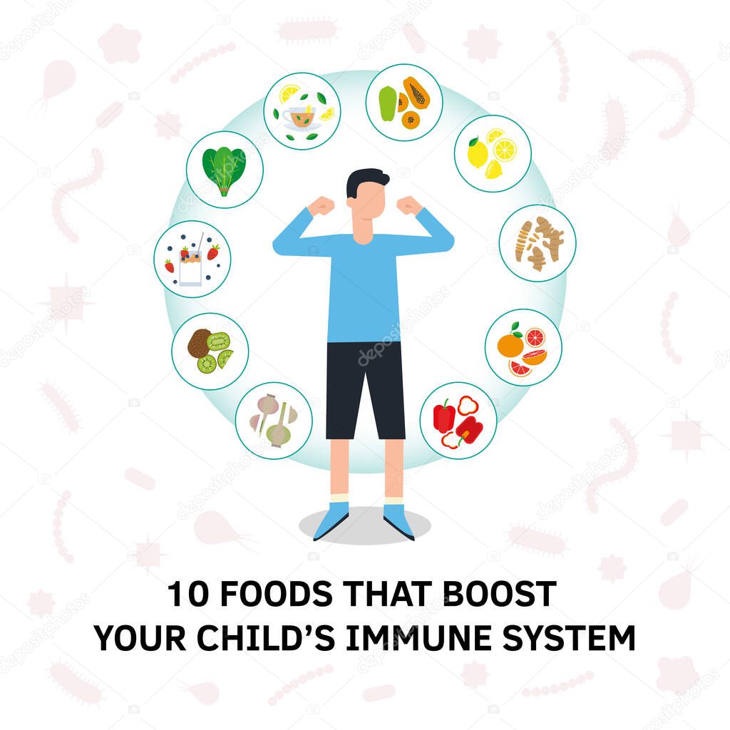 Immune system vector protection. Health bacteria virus protection. Medical prevention human boosters. Healthy child kid boy reflect bacteria attack. Boost Immunity with medicine concept illustration.