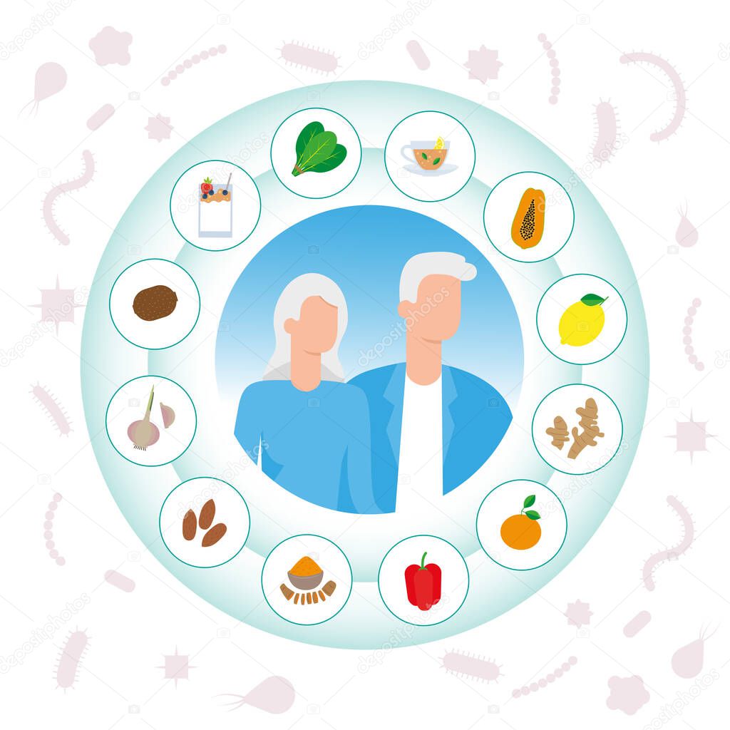 Immune system vector protection. Health bacteria virus protection. Medical prevention human boosters. Healthy senior woman and man reflect bacteria attack. Boost Immunity concept illustration.