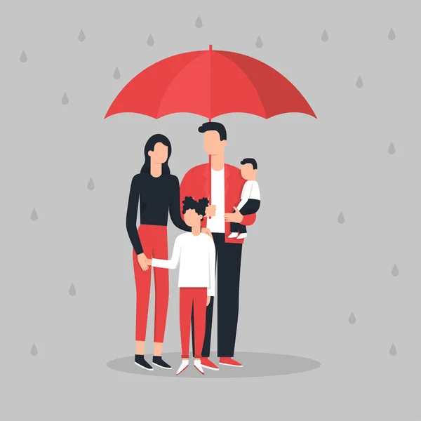 Vektor ilustrasi dari keluarga bahagia di bawah payung dalam gaya datar untuk templat, infografis, cetak. Ayah, ibu, putra, putri - Stok Vektor