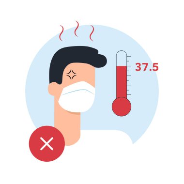 Ateşi olan hasta bir adam. Sıcaklık göstergesi. Grip hastalığının sembolü. Düz stil. Kalite tasarım elemanı. Basit ateş çizimi. Vektör