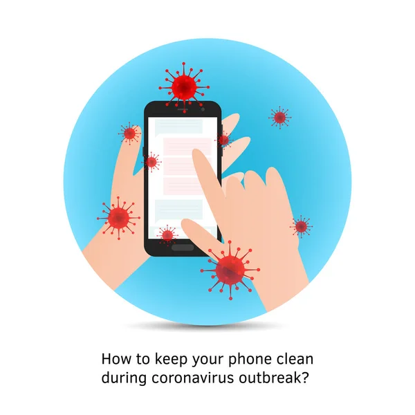 携帯電話のデバイスフラットデザイン漫画ベクトルスタイルのイラストをきれいにします。コロナウイルス防止対策付きポスター。ウイルスの表面の考えを消毒しなさい。手は消毒剤でスマートフォンの画面を拭く — ストックベクタ