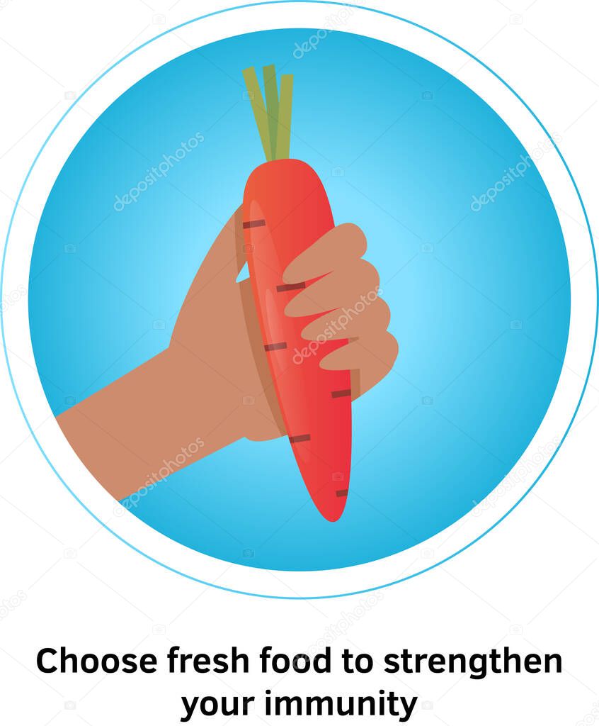 Healthy food concept. Hand hold a carrot, as a symbol of a healthy diet. Veggie food, eat vitamins. Vector illustration flat design. Isolated on white background. Immune system immunity strengthen