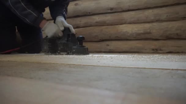 Plan Wooden Floor Boards Electric Plane — Stock Video