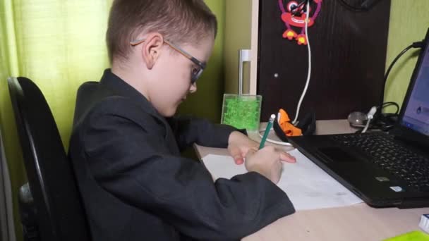 Boy Jacket Does His Homework Writes Pencil Piece Paper Life — Stock Video