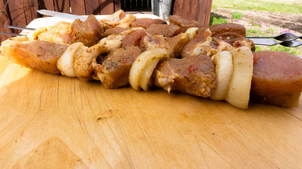 Spiedini Maiale Marinati Spiedini Con Spezie Cipolle Carne Cruda Pezzi — Foto Stock