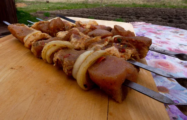 Espetos Porco Marinados Espetos Com Temperos Cebolas Carne Crua Pedaços — Fotografia de Stock